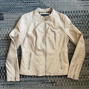 🧥 Black Rivet Express Faux Leather Jacket in Tan, Animal Print Lining, Size M